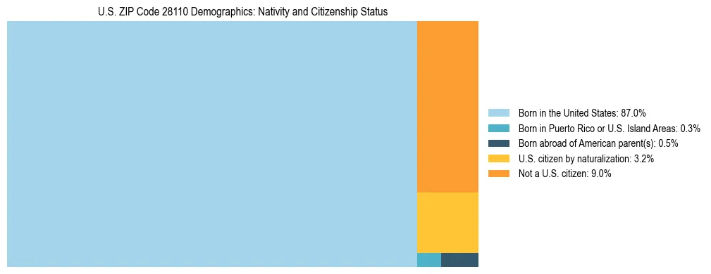 Treemap showing the population distribution by nativity and citizenship status in US ZIP Code 28110 based on U.S. Census data.