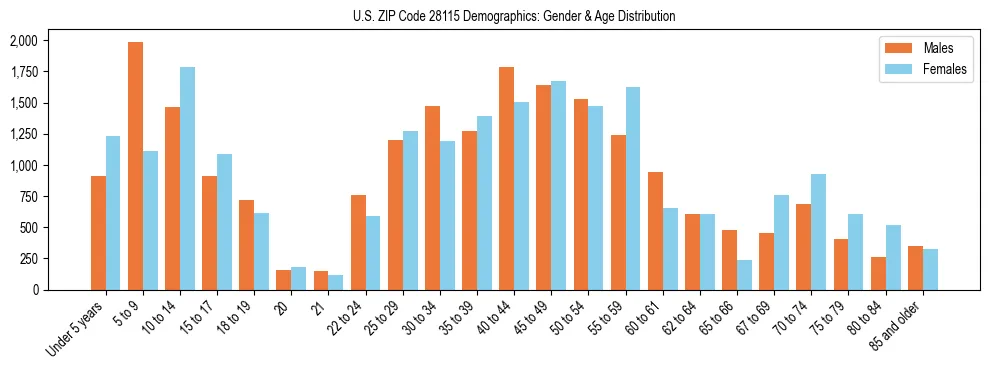 Bar chart showing the population distribution of US ZIP Code 28115 by age group and gender, based on 2023 ACS data.