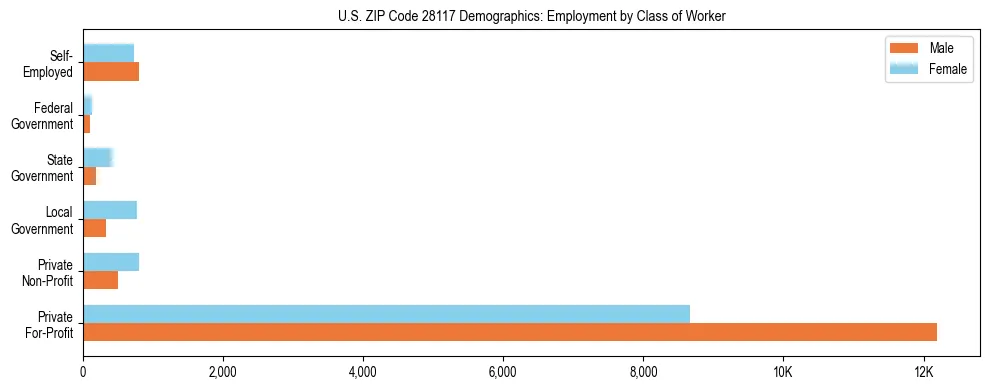 Horizontal bar chart showing employment distribution by class of worker and gender in US ZIP Code 28117, based on 2023 ACS data.