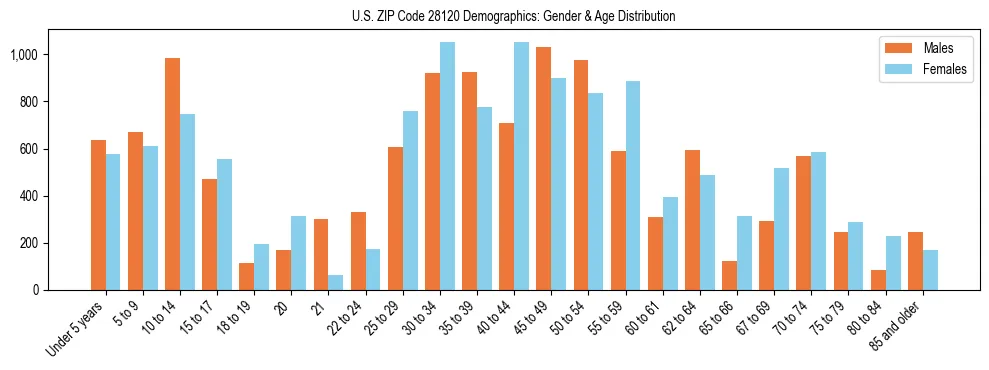 Bar chart showing the population distribution of US ZIP Code 28120 by age group and gender, based on 2023 ACS data.
