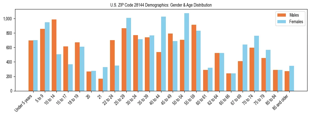 Bar chart showing the population distribution of US ZIP Code 28144 by age group and gender, based on 2023 ACS data.
