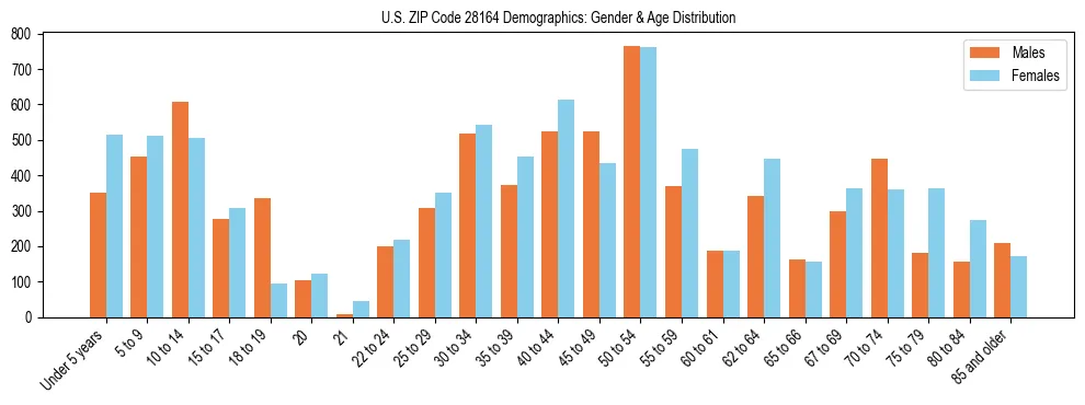 Bar chart showing the population distribution of US ZIP Code 28164 by age group and gender, based on 2023 ACS data.