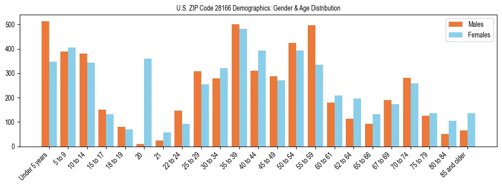 Bar chart showing the population distribution of US ZIP Code 28166 by age group and gender, based on 2023 ACS data.