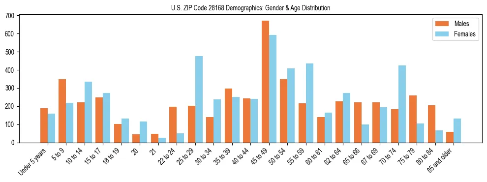 Bar chart showing the population distribution of US ZIP Code 28168 by age group and gender, based on 2023 ACS data.