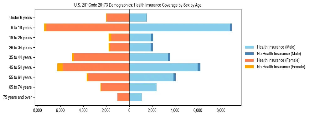 Pyramid chart showing health insurance coverage by age and sex in US ZIP Code 28173.