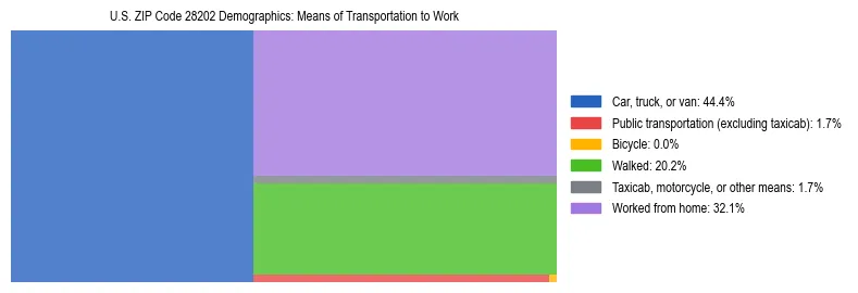 Treemap showing means of transportation to work distribution in US ZIP Code 28202.