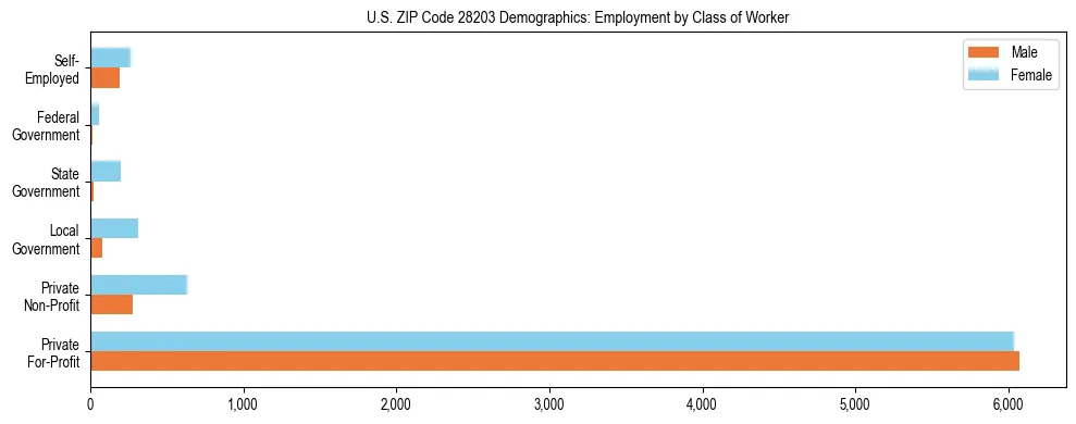 Horizontal bar chart showing employment distribution by class of worker and gender in US ZIP Code 28203, based on 2023 ACS data.