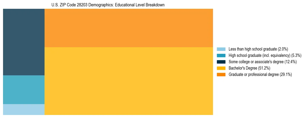 Treemap chart illustrating the educational attainment breakdown for population 25 years and over in US ZIP Code 28203.