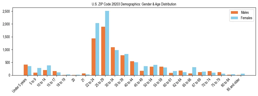Bar chart showing the population distribution of US ZIP Code 28203 by age group and gender, based on 2023 ACS data.