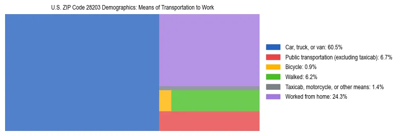 Treemap showing means of transportation to work distribution in US ZIP Code 28203.