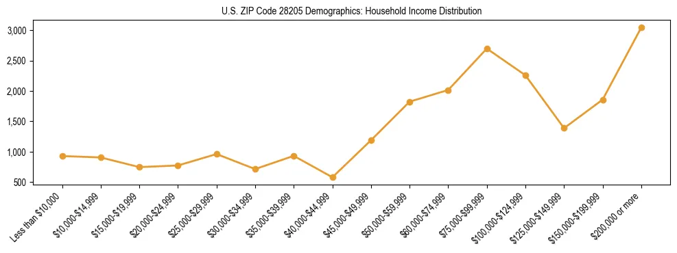 Horizontal bar chart showing household income distribution in US ZIP Code 28205.