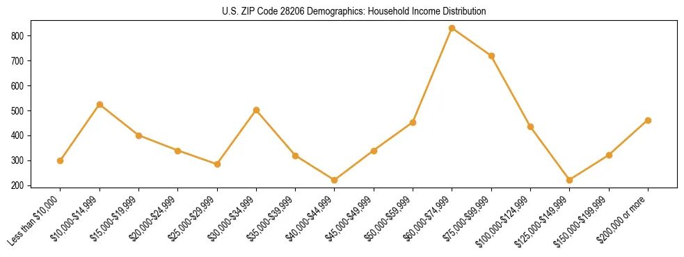 Horizontal bar chart showing household income distribution in US ZIP Code 28206.
