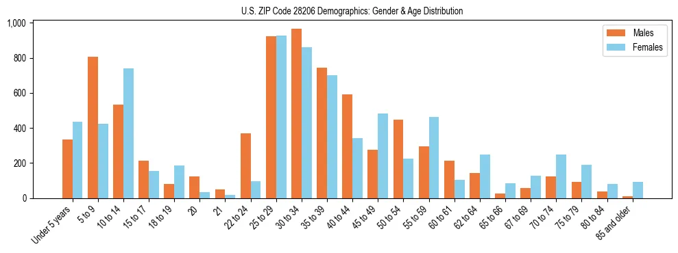 Bar chart showing the population distribution of US ZIP Code 28206 by age group and gender, based on 2023 ACS data.