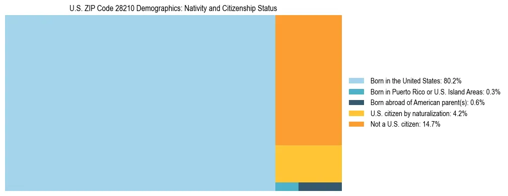 Treemap showing the population distribution by nativity and citizenship status in US ZIP Code 28210 based on U.S. Census data.