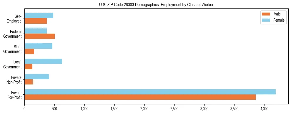 Horizontal bar chart showing employment distribution by class of worker and gender in US ZIP Code 28303, based on 2023 ACS data.