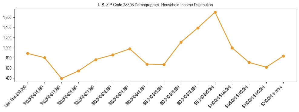 Horizontal bar chart showing household income distribution in US ZIP Code 28303.