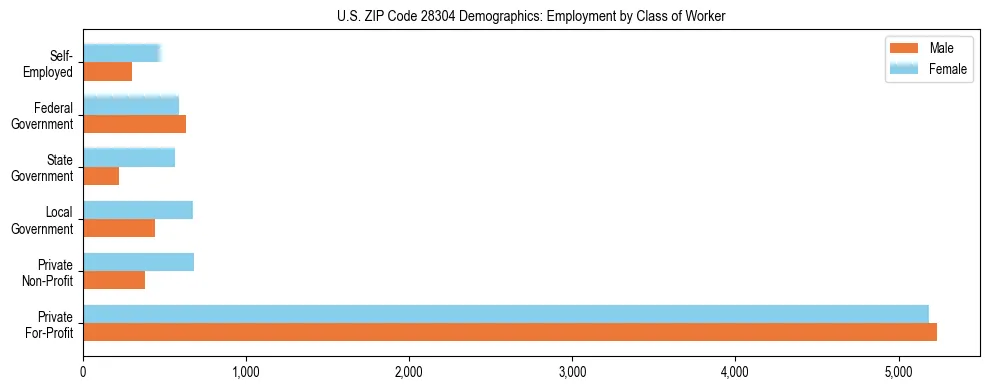 Horizontal bar chart showing employment distribution by class of worker and gender in US ZIP Code 28304, based on 2023 ACS data.