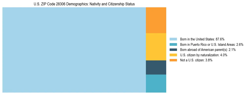 Treemap showing the population distribution by nativity and citizenship status in US ZIP Code 28306 based on U.S. Census data.