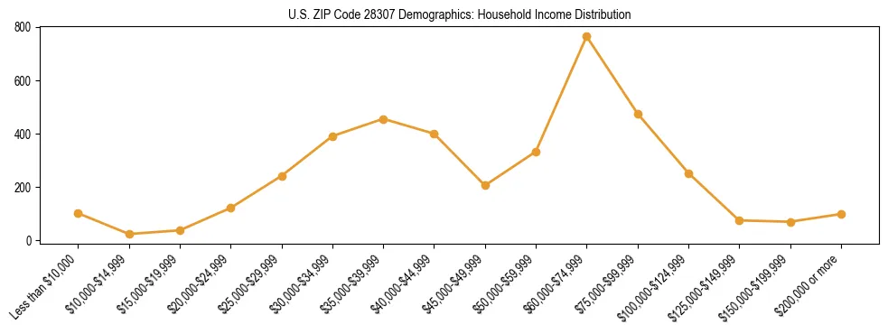 Horizontal bar chart showing household income distribution in US ZIP Code 28307.