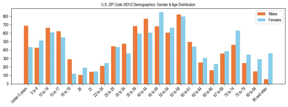 Bar chart showing the population distribution of US ZIP Code 28312 by age group and gender, based on 2023 ACS data.