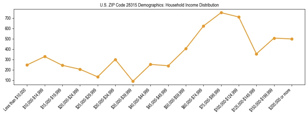 Horizontal bar chart showing household income distribution in US ZIP Code 28315.