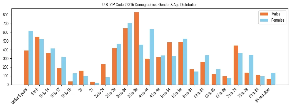 Bar chart showing the population distribution of US ZIP Code 28315 by age group and gender, based on 2023 ACS data.