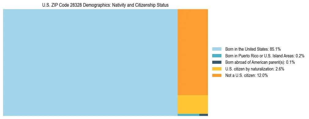 Treemap showing the population distribution by nativity and citizenship status in US ZIP Code 28328 based on U.S. Census data.