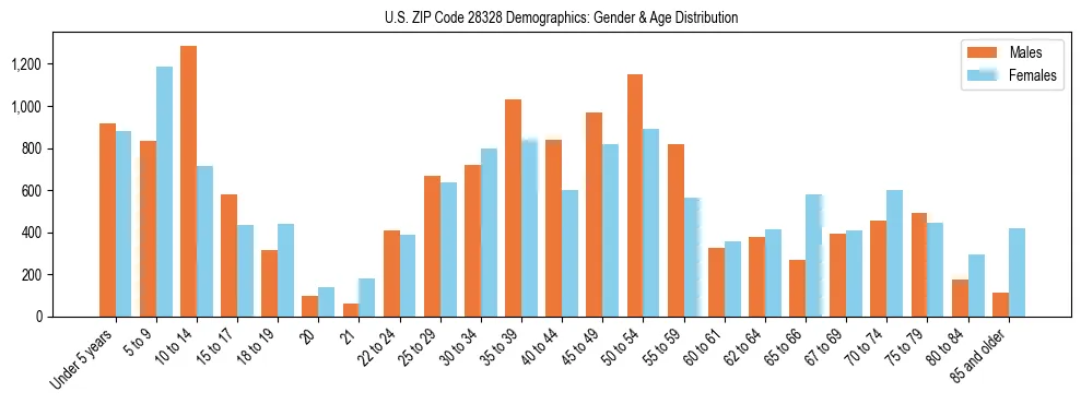 Bar chart showing the population distribution of US ZIP Code 28328 by age group and gender, based on 2023 ACS data.