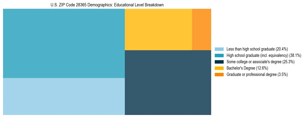 Treemap chart illustrating the educational attainment breakdown for population 25 years and over in US ZIP Code 28365.