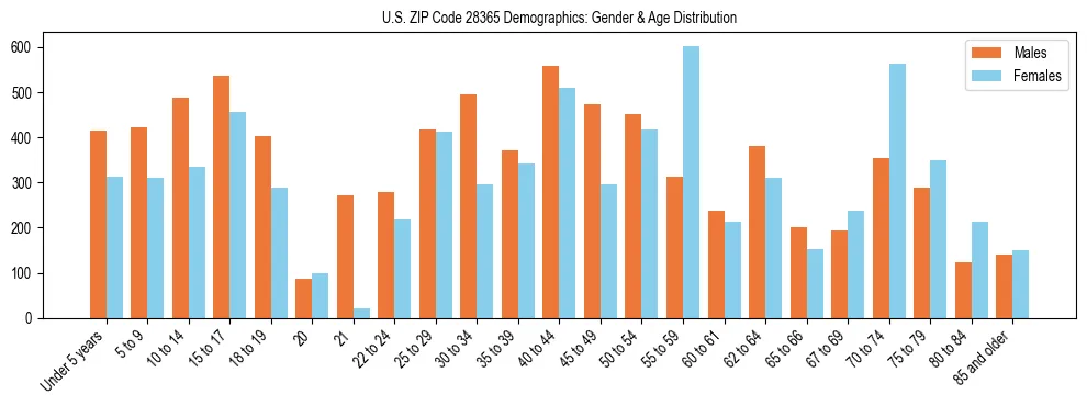 Bar chart showing the population distribution of US ZIP Code 28365 by age group and gender, based on 2023 ACS data.