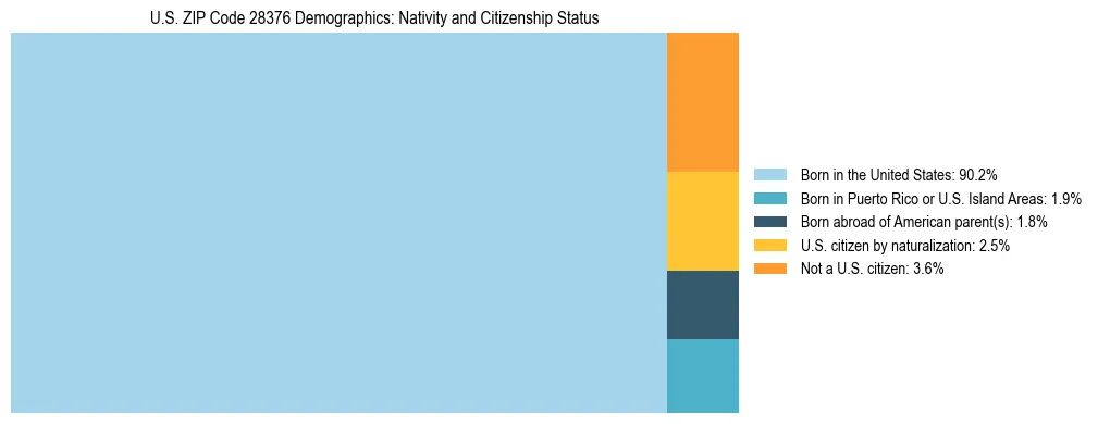 Treemap showing the population distribution by nativity and citizenship status in US ZIP Code 28376 based on U.S. Census data.