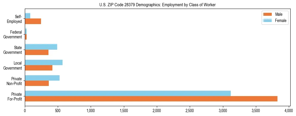 Horizontal bar chart showing employment distribution by class of worker and gender in US ZIP Code 28379, based on 2023 ACS data.