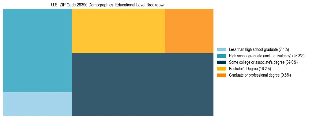 Treemap chart illustrating the educational attainment breakdown for population 25 years and over in US ZIP Code 28390.