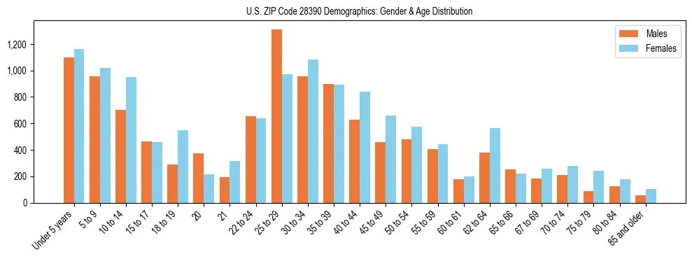 Bar chart showing the population distribution of US ZIP Code 28390 by age group and gender, based on 2023 ACS data.