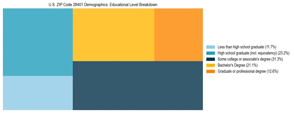 Treemap chart illustrating the educational attainment breakdown for population 25 years and over in US ZIP Code 28401.