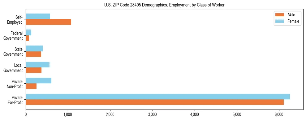 Horizontal bar chart showing employment distribution by class of worker and gender in US ZIP Code 28405, based on 2023 ACS data.