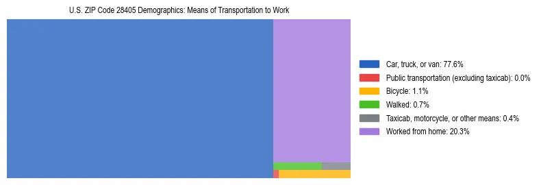 Treemap showing means of transportation to work distribution in US ZIP Code 28405.