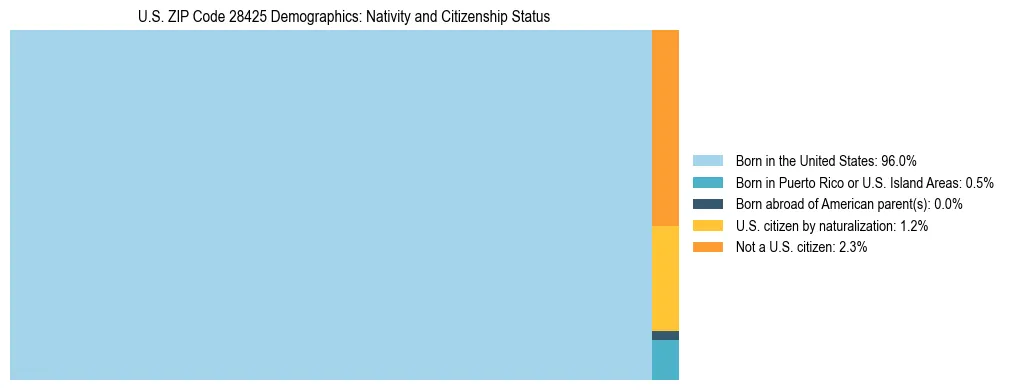 Treemap showing the population distribution by nativity and citizenship status in US ZIP Code 28425 based on U.S. Census data.