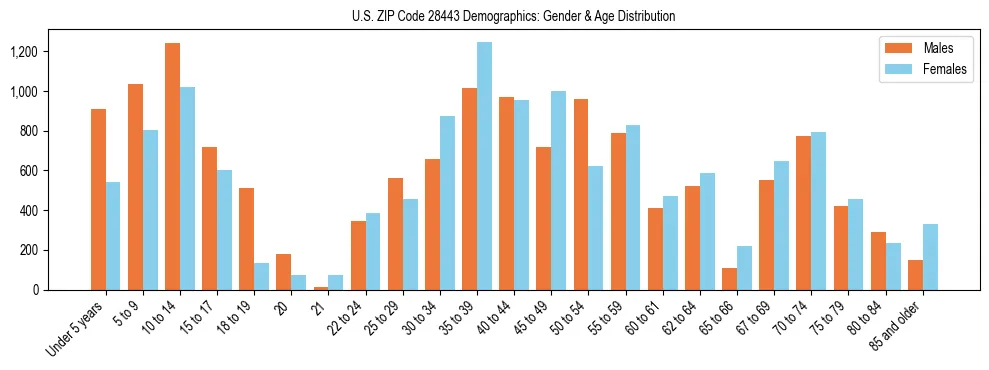 Bar chart showing the population distribution of US ZIP Code 28443 by age group and gender, based on 2023 ACS data.