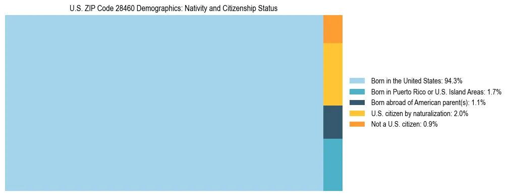 Treemap showing the population distribution by nativity and citizenship status in US ZIP Code 28460 based on U.S. Census data.