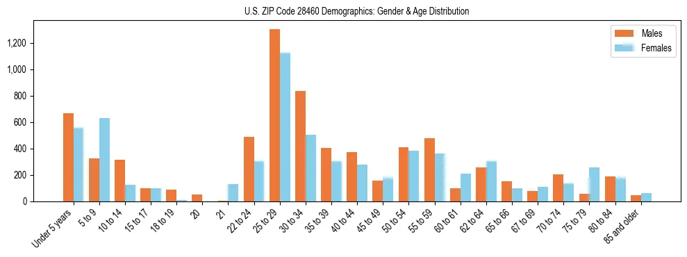 Bar chart showing the population distribution of US ZIP Code 28460 by age group and gender, based on 2023 ACS data.