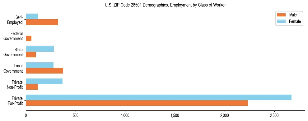 Horizontal bar chart showing employment distribution by class of worker and gender in US ZIP Code 28501, based on 2023 ACS data.