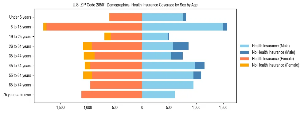 Pyramid chart showing health insurance coverage by age and sex in US ZIP Code 28501.