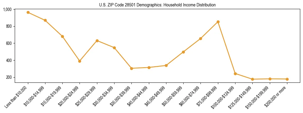 Horizontal bar chart showing household income distribution in US ZIP Code 28501.