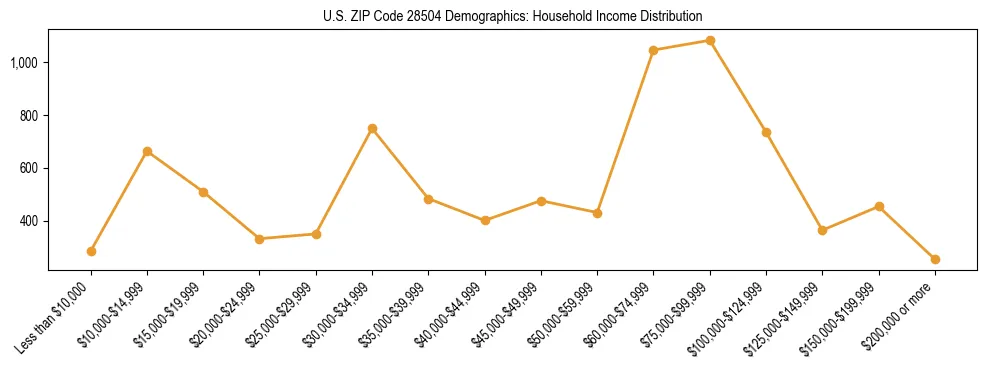 Horizontal bar chart showing household income distribution in US ZIP Code 28504.