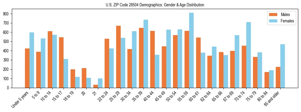 Bar chart showing the population distribution of US ZIP Code 28504 by age group and gender, based on 2023 ACS data.
