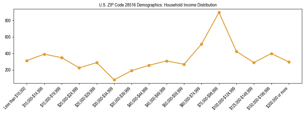 Horizontal bar chart showing household income distribution in US ZIP Code 28516.