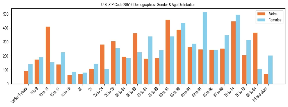 Bar chart showing the population distribution of US ZIP Code 28516 by age group and gender, based on 2023 ACS data.