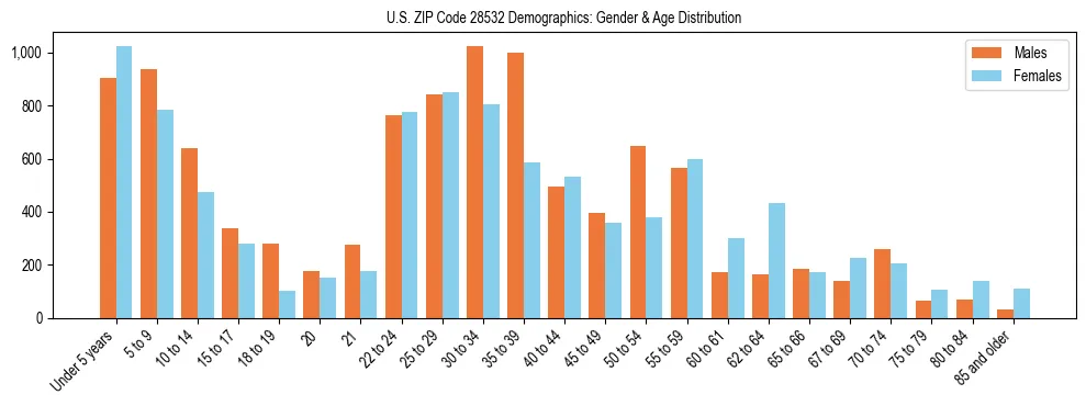 Bar chart showing the population distribution of US ZIP Code 28532 by age group and gender, based on 2023 ACS data.