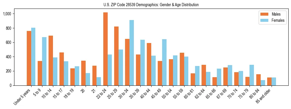 Bar chart showing the population distribution of US ZIP Code 28539 by age group and gender, based on 2023 ACS data.